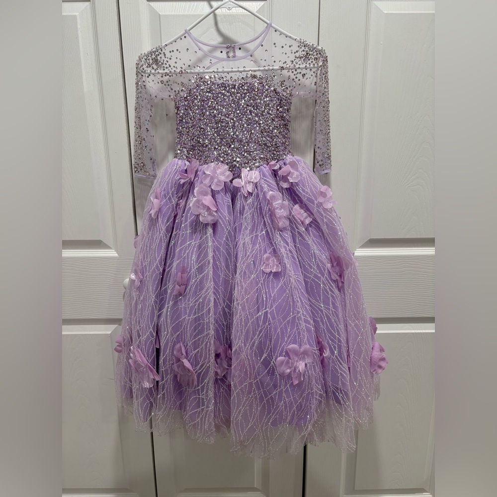 Girls Lilac Beaded Floral Tulle Party Dress